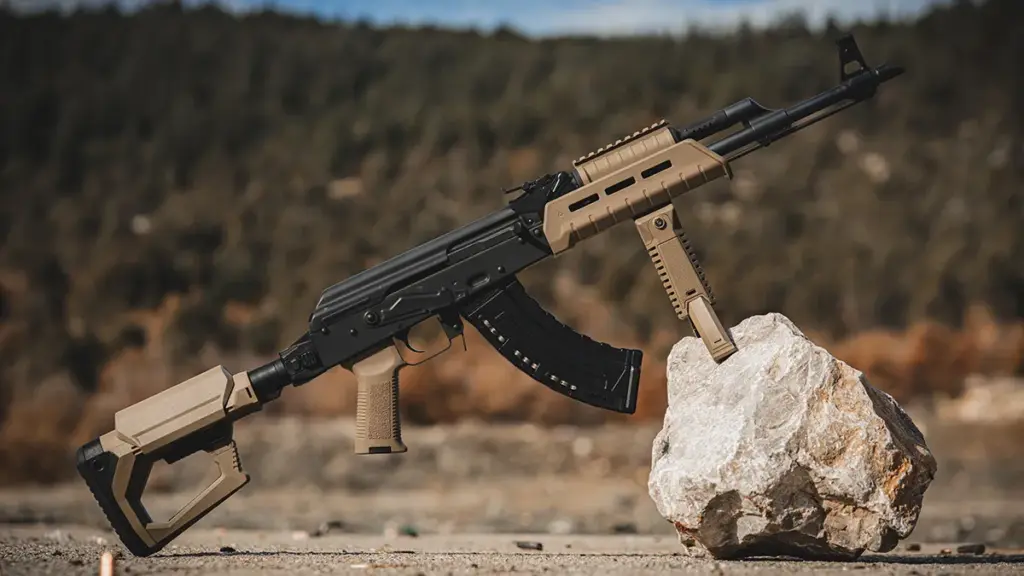 AK rifle braced on a rock, supported by an M-LOK mounted grip
