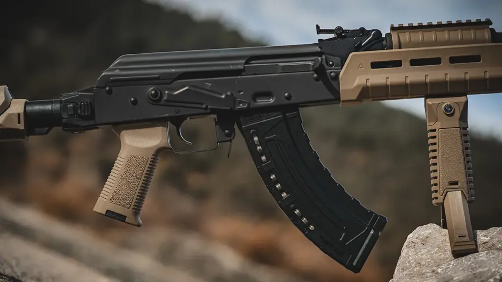 FDE M-LOK handguard and support grip bracing an AK rifle on rock