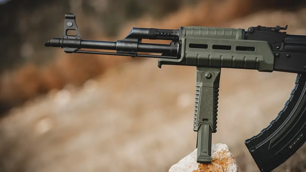 M-LOK compatible handguard and foregrip set in OD green on an AK rifle