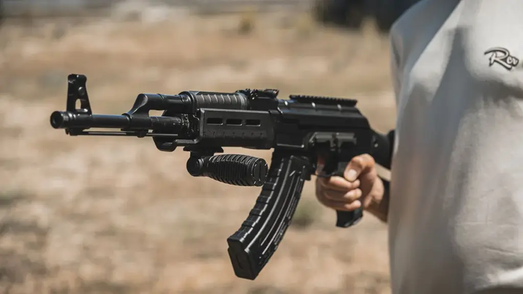 Shooter carrying an AK rifle equipped with M-LOK mounted accessories