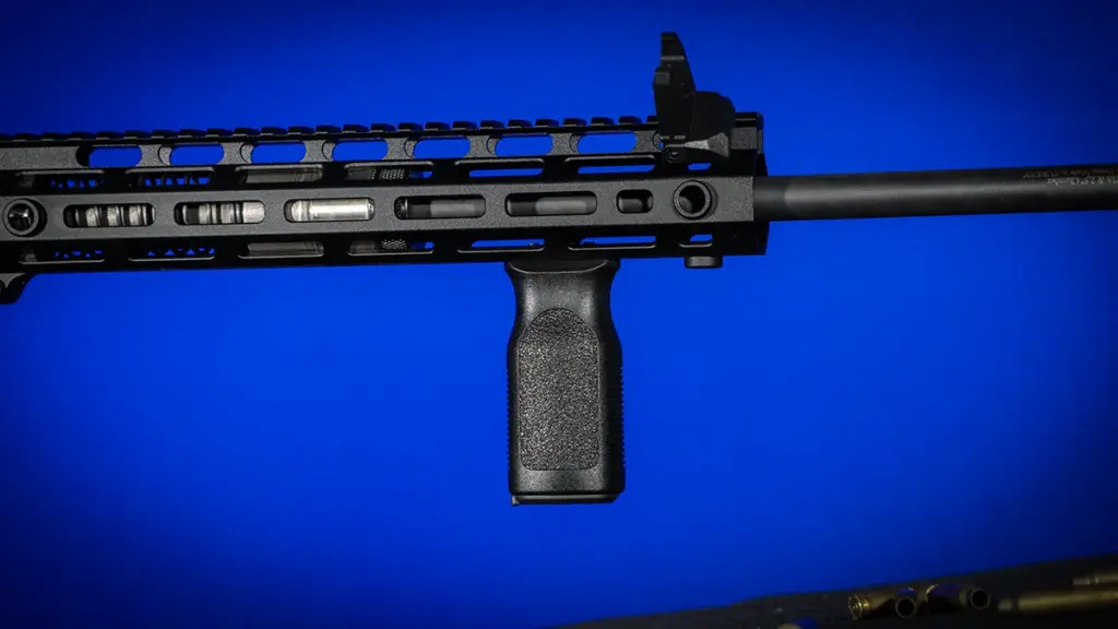 M-LOK compatible vertical foregrip mounted on an AR-15 handguard