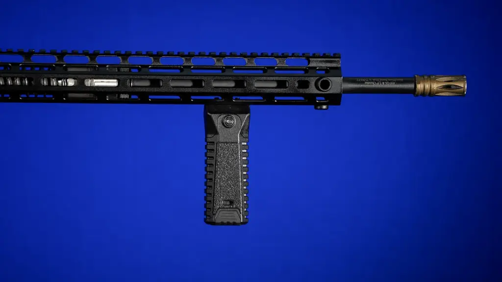 AR-15 M-LOK handguard fitted with a foregrip and muzzle device