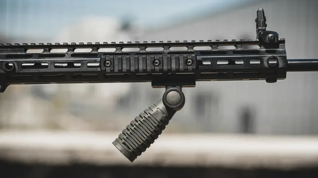 Folding M-LOK foregrip in the deployed angled position