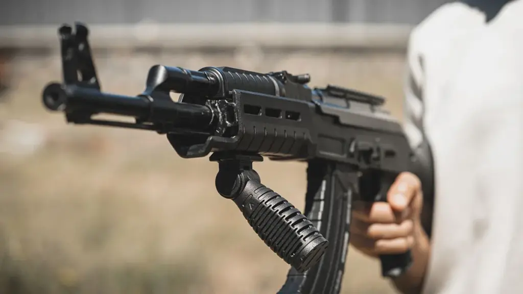 M-LOK foregrip in use on an AK rifle during handling