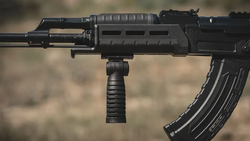 AK rifle with M-LOK slotted handguard and vertical foregrip