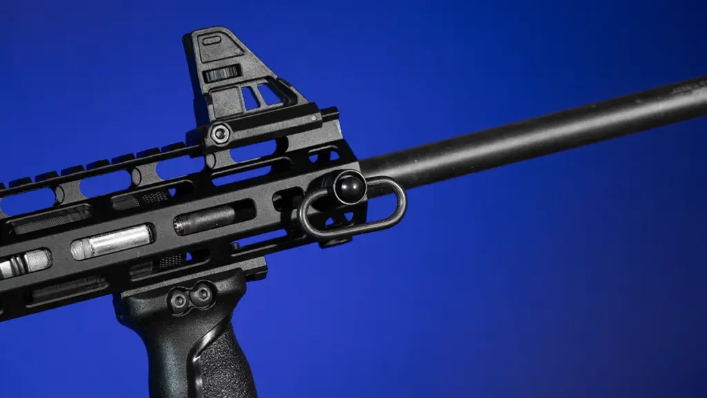 M-LOK handguard with foregrip and QD sling swivel mounted on a rifle