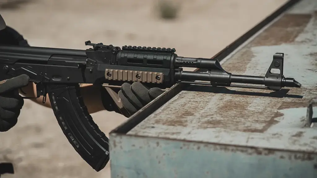 AK rifle with M-LOK compatible handguard supported on a barricade