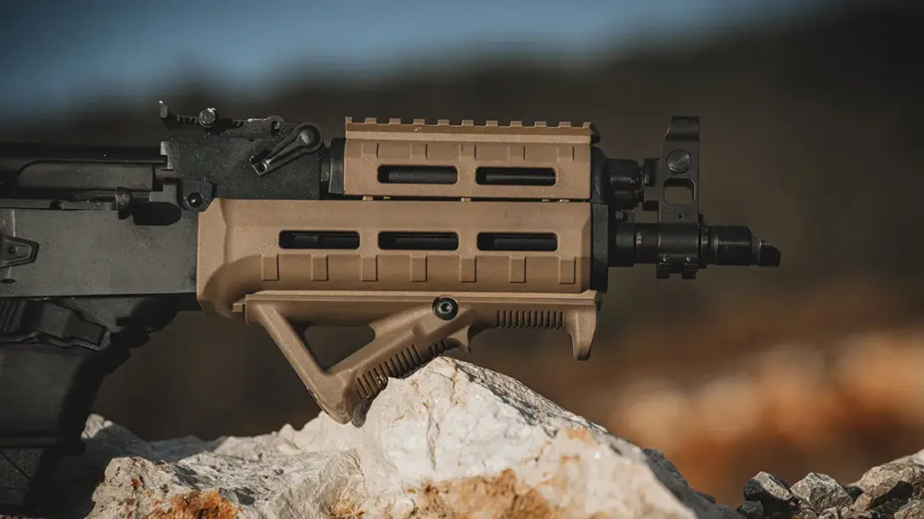FDE M-LOK handguard with integrated top rail mounted on an AK-pattern rifle