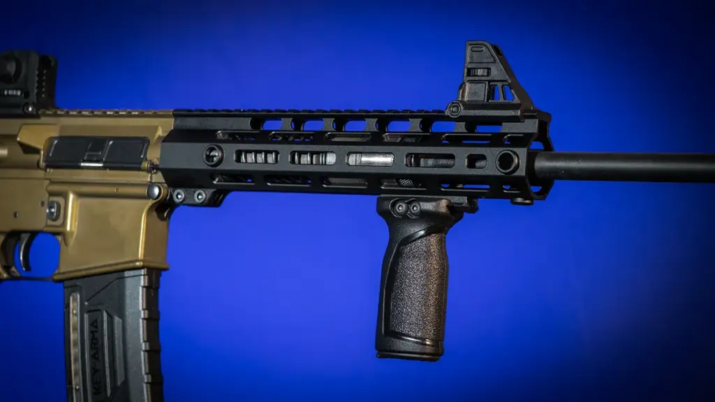Black free-float M-LOK handguard installed on an AR-15 upper receiver