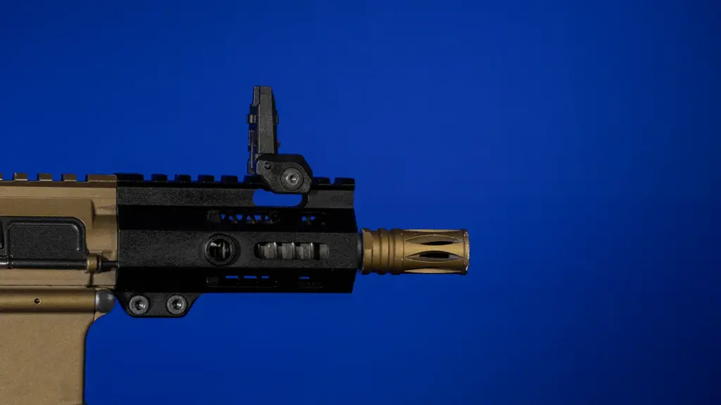 Close-up of a short M-LOK handguard and rail interface on an AR-15