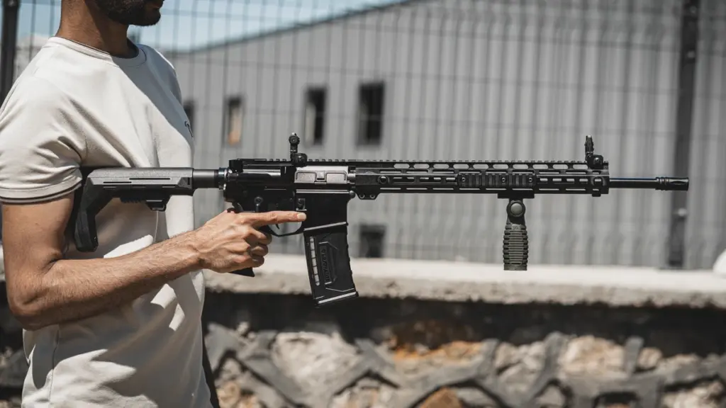 Shooter carrying an AR-15 fitted with a polymer handguard and vertical grip