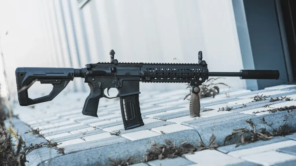 AR-15 with black polymer furniture and a suppressor on paving stones