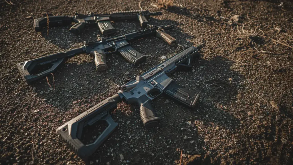 Three AR platform rifles with polymer furniture arranged on open ground