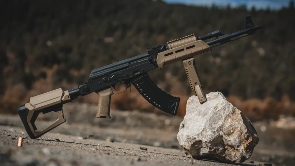 FDE polymer stock, grip and handguard fitted to an AK rifle outdoors