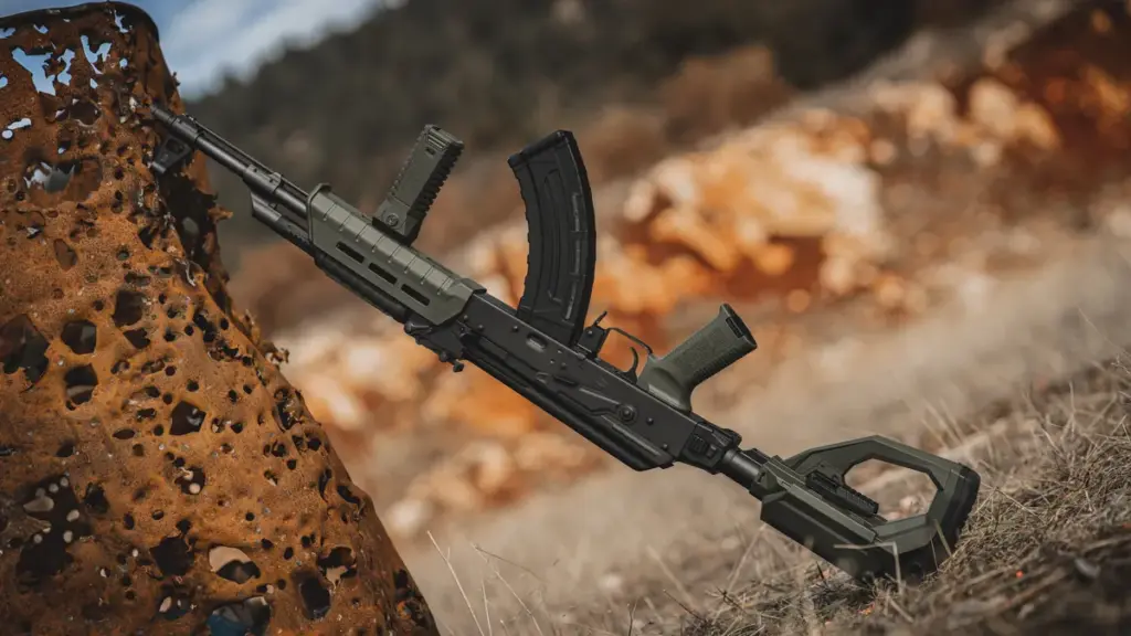 AK rifle with an OD green polymer handguard leaning against rock