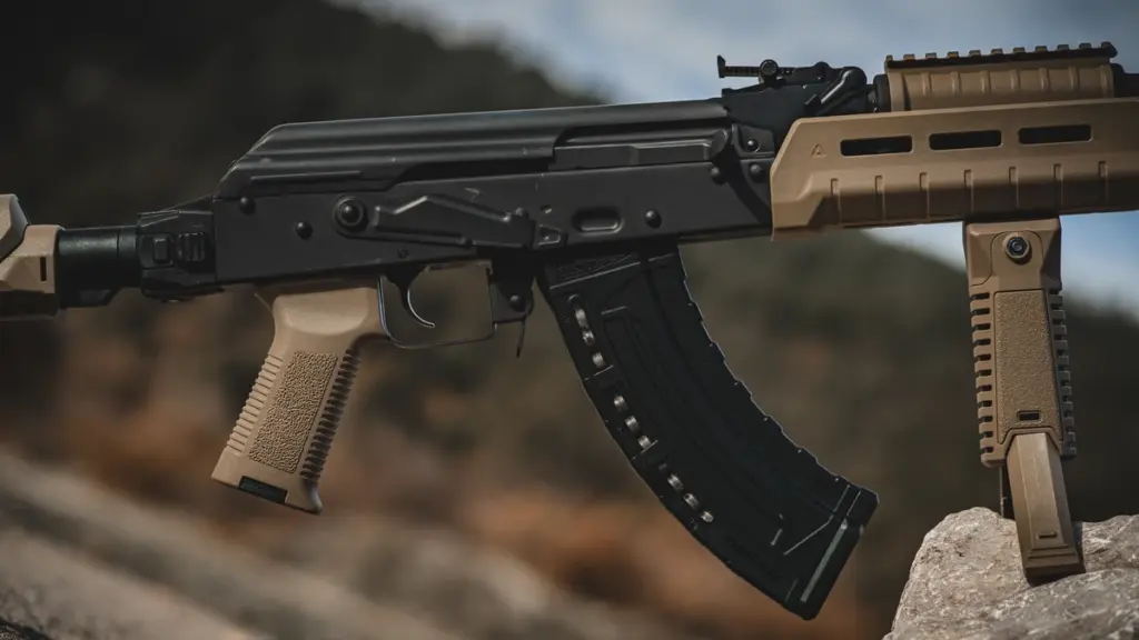 Close-up of an FDE polymer pistol grip and magazine on an AK rifle
